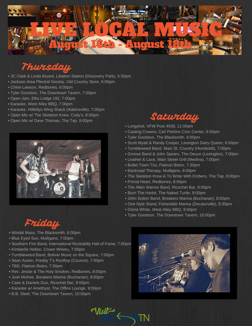 Jackson, Tennessee – Live and Local Music, August 16th Weekend