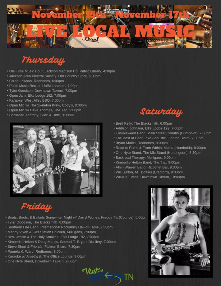 Jackson, Tennessee – Live & Local Music, November 15 Weekend